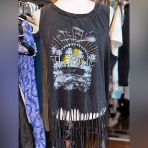 Torrid Black Tank Top with Fringe and Vibrant Graphic